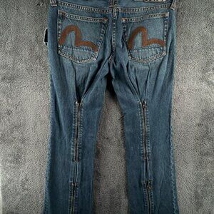 Evisu Donna Women Denim Blue Jeans Zipper Legs Size 8 XS (28x29) Logos Buckle